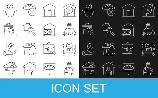 Set line Homeless, Searching for food, Help homeless, Real estate, house, Donation money and House with dollar icon. Vector — Stock Vector