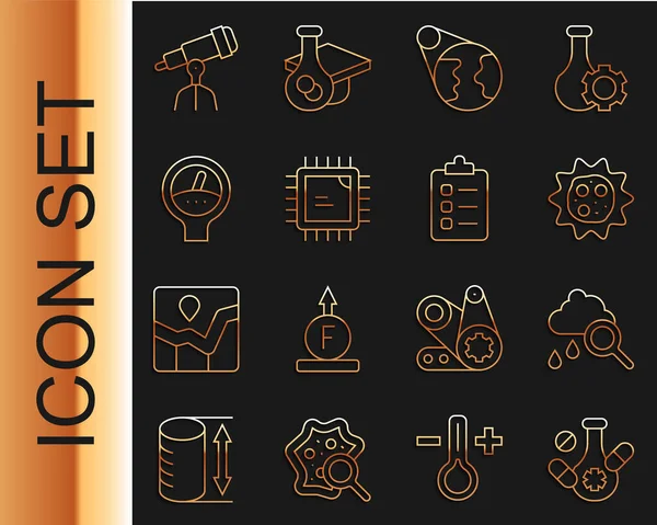 Set line Medicine pill, Cloud with rain, Virus, Earth globe, Processor CPU, Gauge scale, Telescope and To do list planning icon. Vector — Stock vektor