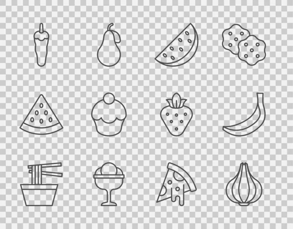 Establezca la línea de fideos asiáticos en un tazón, ajo, sandía, helado, chile picante, magdalena, rebanada de pizza y plátano icono. Vector — Archivo Imágenes Vectoriales