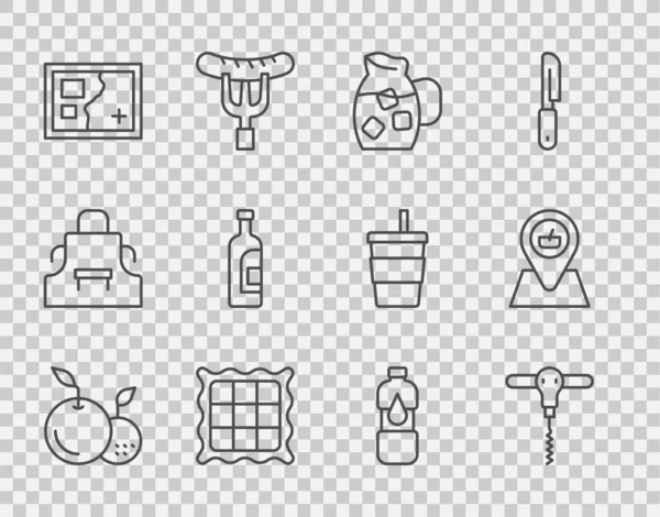 Set line Fruit, Wine corkscrew, Jug glass with water, Checkered napkin, Folded map, Bottle of wine, and Picnic location icon. Vector — Stock Vector