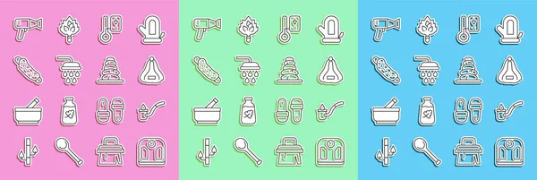 Set line Bathroom scales, Sauna ladle, hat, thermometer, Shower, Washcloth, Hair dryer and Stack hot stones icon. Vector — Stock Vector