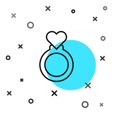 Siyah çizgi alyans simgesi beyaz arkaplanda izole edildi. Gelin ve damat mücevher tabelası. Evlilik sembolü. Elmas yüzük. Rastgele dinamik şekiller. Vektör