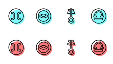 Eski sihirli anahtar, Balık burcu, Gözlü madalyon ve Terazi simgesi. Vektör