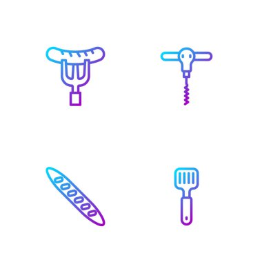 Çizgi Spatula, Fransız ekmeği, çatalda sosis ve şarap tirbuşonu. Renk simgeleri. Vektör