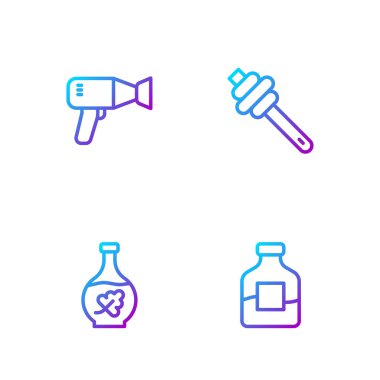 Bir şişe votka, temel yağ şişesi, saç kurutma makinesi ve ballı şeker çubuğu. Renk simgeleri. Vektör