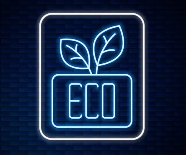 Brillante línea de neón Hoja Eco símbolo icono aislado en el fondo de la pared de ladrillo. Banner, etiqueta, etiqueta, logotipo, etiqueta para eco verde. Vector — Vector de stock