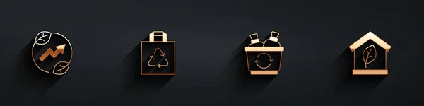 Set Elektrische Sparsteckdose im Blatt, Einkaufstasche mit Recycling, Papierkorb und umweltfreundliches Haus-Symbol mit langem Schatten. Vektor — Stockvektor