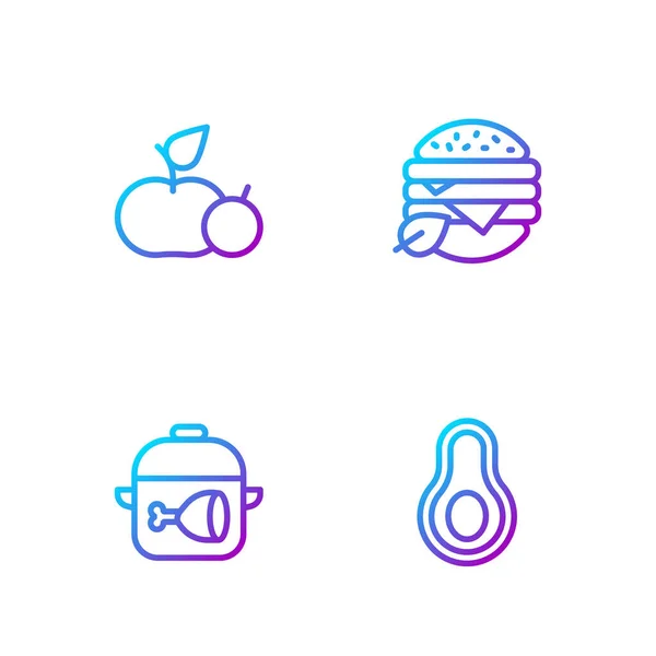 Set line Fruta del aguacate, olla de cocina y pierna de pollo, dieta de alimentos de manzana y veganos. Iconos de color degradado. Vector — Vector de stock