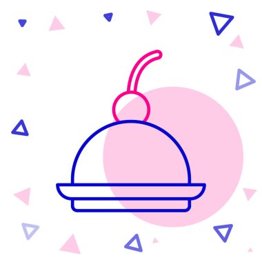 Beyaz arka planda izole edilmiş meyve tepesi ikonlu Cherry peynirli kek dilimi. Renkli taslak konsepti. Vektör