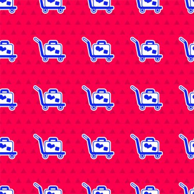 Mavi Trolley bavul ikonu, kırmızı arkaplanda izole edilmiş, pürüzsüz desen. Seyahat bagaj tabelası. Seyahat bagaj ikonu. Vektör