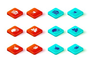 El arabasını kir, yaprak ya da yaprak, insan kafası yaprağı, barbekü ızgarası ve çiftlik evi ikonu ile donatın. Vektör