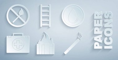 Yanan binaları, su damlasını, ilk yardım çantasını, sigarayı, kaçışı ateşe vermek yok. Vektör