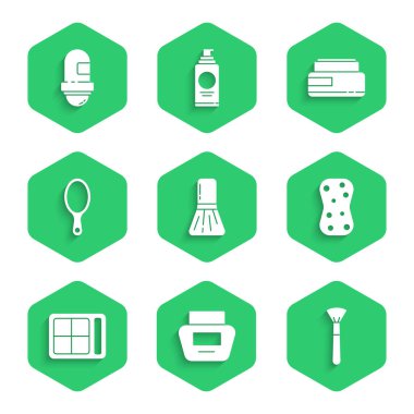 Makyaj fırçası, krem veya losyon kozmetik tüpü, köpüklü sünger, göz farı paleti, el aynası ve terletici deodorant rulo ikonu. Vektör