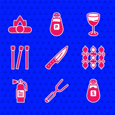 Et doğrayıcı, barbekü çatalı, tuzlu, ızgara şiş kebap, yangın söndürücü, kibrit, şarap kadehi ve kamp ateşi ikonu. Vektör