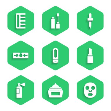 Şampuan, krem veya losyon kozmetik tüpü, yüz maskesi, ruj, parfüm, sivilce, Pipette ve saç fırçası ikonu seti. Vektör