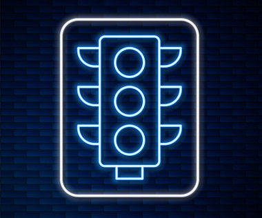 Parlayan neon çizgisi trafik ışığı ikonu tuğla duvar arka planında izole edildi. Vektör.