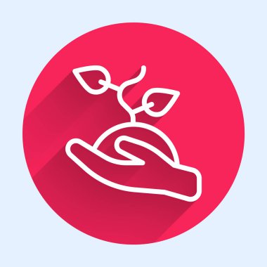 Beyaz çizgi gönüllüleri uzun gölgeli ağaç ikonu dikiyorlar. Bitkileri ve ağaçları koruyan ekolojik koruma. Kırmızı daire düğmesi. Vektör.