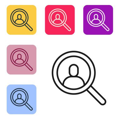 Beyaz arka planda izole edilmiş bir insan simgesini aramak için siyah çizgi büyüteç. İşe alım ya da seçim konsepti. Çalışanları ve işi ara. Renkli kare düğmelerle simgeleri ayarla. Vektör.