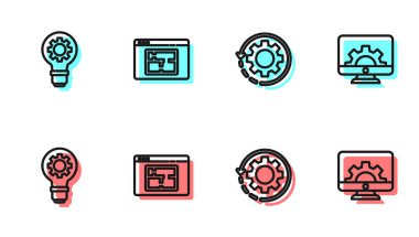 Dişlileri ve okları iş akışı, ampul teçhizatı, ev planı ve bilgisayar monitörü simgesi olarak ayarla. Vektör.