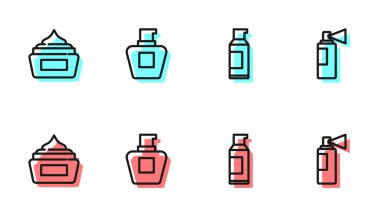 Saç spreyi, krem losyon kozmetik tüpü ve parfüm ikonu için sıra spreyi. Vektör