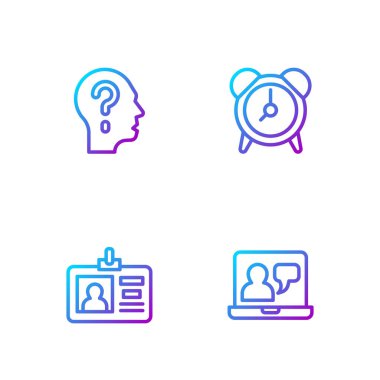 Çevrimiçi eğitim, kimlik kartı, soru işareti ve alarmlı saat. Renk simgeleri. Vektör