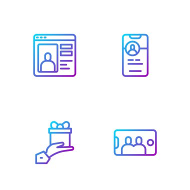 Selfie 'yi cep telefonuna ayarla, hediye ver, internetten randevu uygulaması ve... Renk simgeleri. Vektör