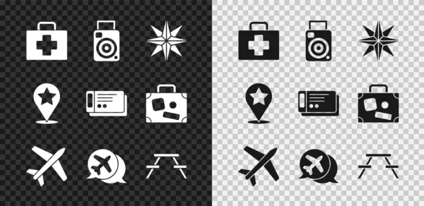 Sett Førstehjelpsskrin Fotokamera Vindrose Fly Taleboble Med Fly Piknikbordbenker Kartepekerstjerne – stockvektor