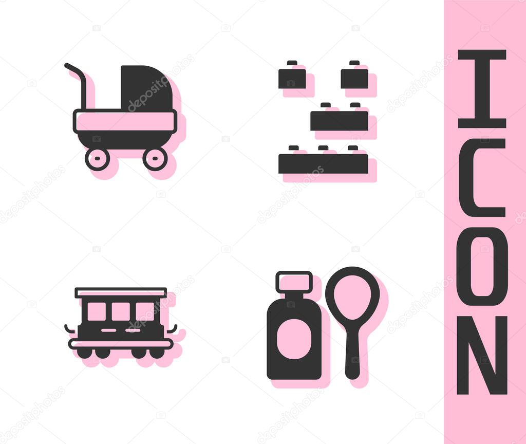 Set Soap bubbles bottle, Baby stroller, Passenger train cars toy and Toy building block bricks icon. Vector