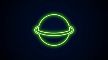 Gezegen Satürn 'ün parlak neon çizgisi. Gezegen halkası simgesi siyah arkaplanda izole edilmiş. 4K Video hareketli grafik canlandırması