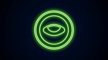 Siyah arka planda göz simgesi olan parlak neon çizgisi madalyonu. Gözlü tılsım. 4K Video hareketli grafik canlandırması