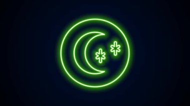 Parlayan neon hattı Ay ve yıldız simgesi siyah arkaplanda izole edildi. Bulutlu gece işareti. Uyku rüyalarının sembolü. Dolunay. Gece ya da yatak zamanı tabelası. 4K Video hareketli grafik canlandırması