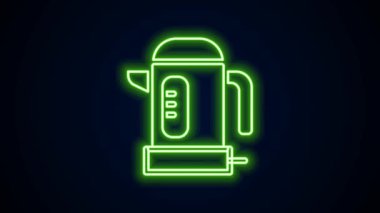 Parlayan neon hattı elektrik ısıtıcısı simgesi siyah arkaplanda izole edildi. Çaydanlık ikonu. 4K Video hareketli grafik canlandırması