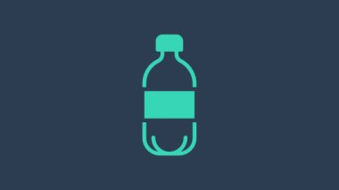 Mavi arka planda izole edilmiş turkuaz su ikonu şişesi. Soda su içme tabelası. 4K Video hareketli grafik canlandırması