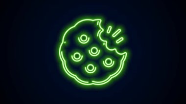 Parlak neon çizgili kurabiye ya da siyah arka planda izole edilmiş çikolata ikonlu bisküvi. 4K Video hareketli grafik canlandırması