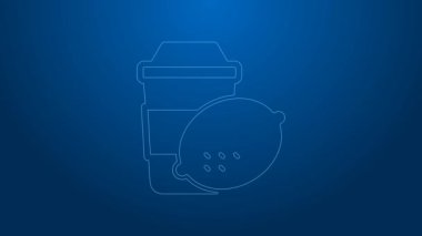 Mavi arka planda limon ikonu olan beyaz çay fincanı. 4K Video hareketli grafik canlandırması