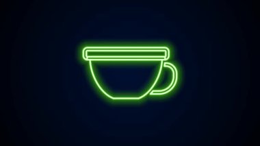 Siyah arka planda izole edilmiş parlak neon çizgili çay ikonu. 4K Video hareketli grafik canlandırması