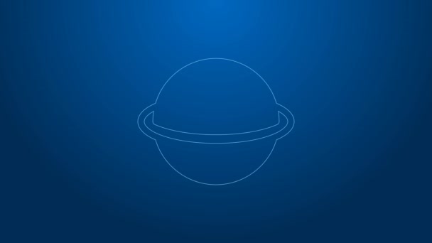 Bílá čára Planet Saturn s ikonou planetárního prstence izolované na modrém pozadí. Grafická animace pohybu videa 4K — Stock video