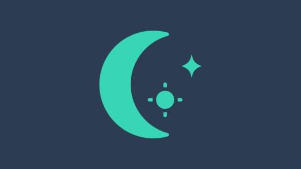 Turquoise Moon and stars icon isolated on blue background. Cloudy night sign. Sleep dreams symbol. Full moon. Night or bed time sign. 4K Video motion graphic animation — Stock Video