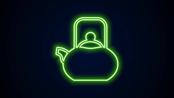 Gloeiende neon lijn Ketel met handvat pictogram geïsoleerd op zwarte achtergrond. Theepot icoon. 4K Video motion grafische animatie — Stockvideo