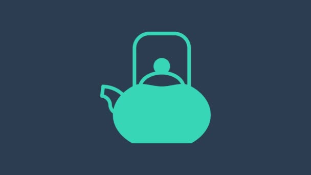 Türkis Wasserkocher mit Henkelsymbol isoliert auf blauem Hintergrund. Teekanne vorhanden. 4K Video Motion Grafik Animation — Stockvideo