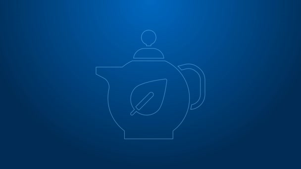 White line Teapot with leaf icon isolated on blue background. 4K Video motion graphic animation — стоковое видео