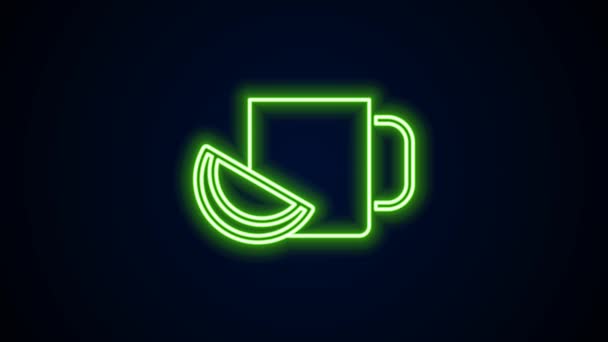 Siyah arka planda izole edilmiş limon ikonu olan parlak neon çizgili bir fincan çay. 4K Video hareketli grafik canlandırması — Stok video