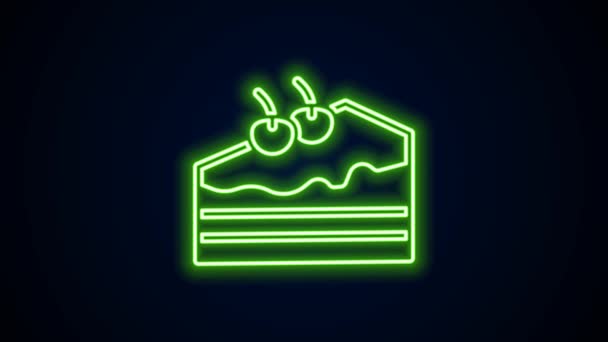 Glowing neon line Piece of cake icon isolated on black background. Selamat ulang tahun. Animasi grafis gerak Video 4K — Stok Video