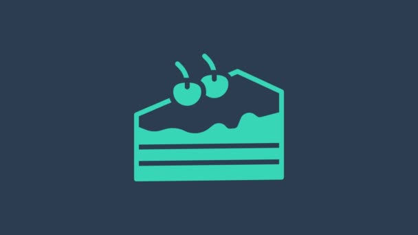 Pièce turquoise de gâteau icône isolée sur fond bleu. Joyeux anniversaire. Animation graphique de mouvement vidéo 4K — Video
