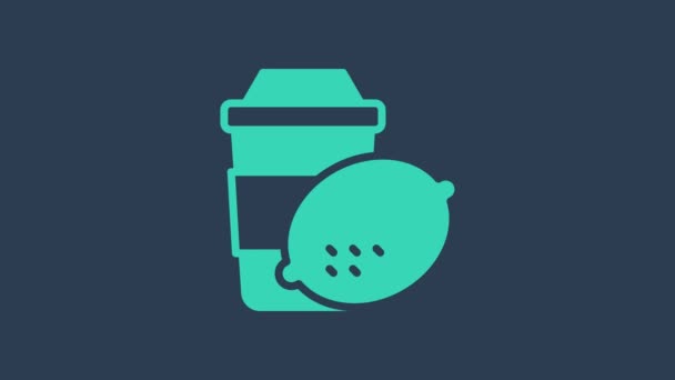 Turquoise Cup thee met citroen pictogram geïsoleerd op blauwe achtergrond. 4K Video motion grafische animatie — Stockvideo