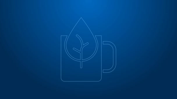 White line Cup of tea with leaf icon isolated on blue background. Sweet natural food. 4K Video motion graphic animation — 图库视频影像