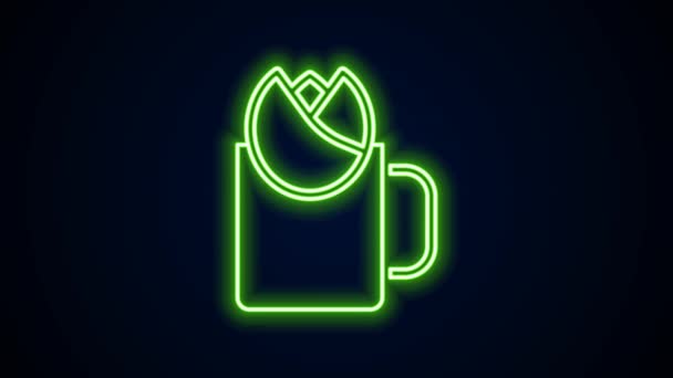 Siyah zemin üzerinde gül ikonu olan parlak neon çizgili çay fincanı. 4K Video hareketli grafik canlandırması — Stok video