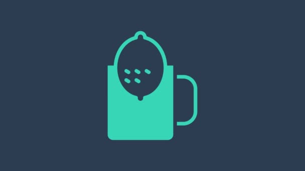 Turquoise Cup of tea with lemon icon isolated on blue background. 4K Video motion graphic animation — 图库视频影像