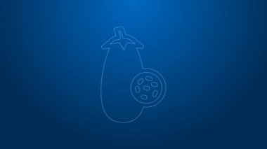 Beyaz çizgi patlıcan simgesi mavi arkaplanda izole edildi. 4K Video hareketli grafik canlandırması