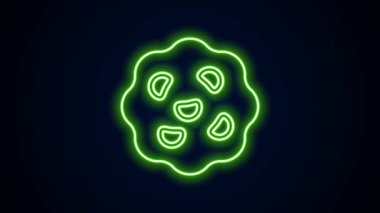 Parlak neon çizgili kurabiye ya da siyah arka planda izole edilmiş çikolata ikonlu bisküvi. 4K Video hareketli grafik canlandırması